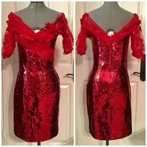 Holiday Pinup Sequin Cocktail Formal Wiggle Dress Red Rose Christmas